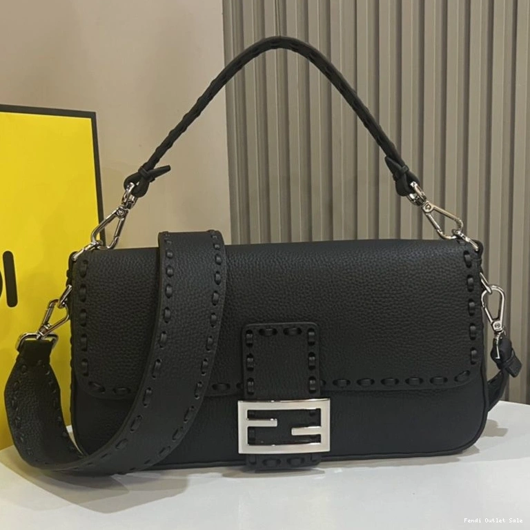 Cheap Baguette Bag Black Leather In Romano Medium Selleria Fendi Cuoio 0804